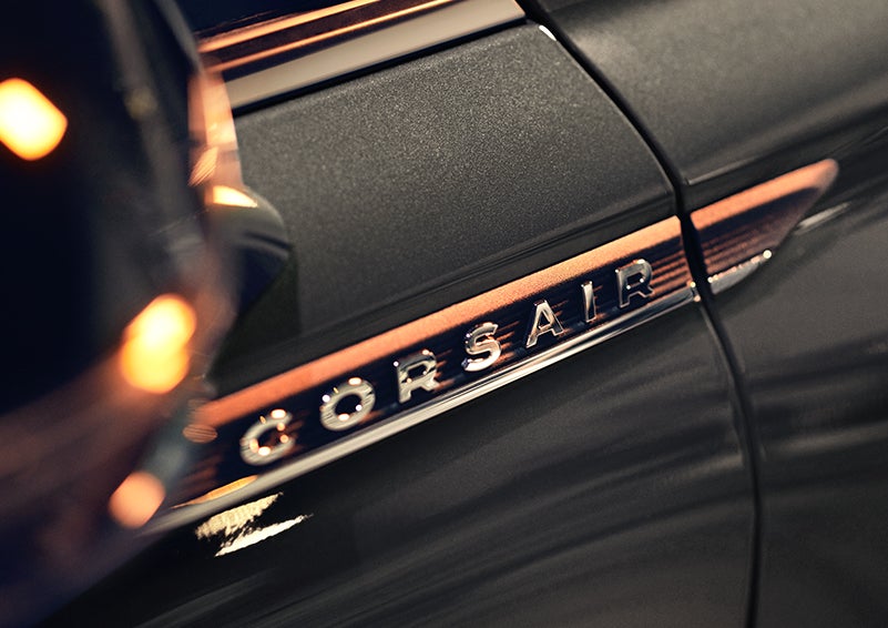 The stylish chrome badge reading “CORSAIR” is shown on the exterior of the vehicle. | Stevens Creek Lincoln in San Jose CA
