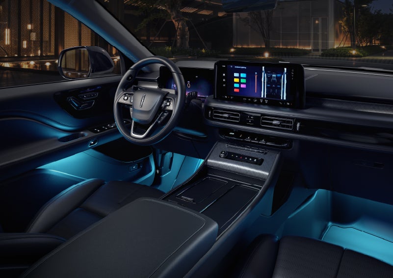 Deep blue ambient lighting glows from various places within a 2026 Lincoln Aviator® SUV. | Stevens Creek Lincoln in San Jose CA