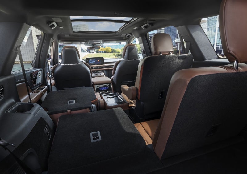 One side of the PowerFold® third-row seat and a second-row seat are folded forward in the 2026 Lincoln Aviator® SUV. | Stevens Creek Lincoln in San Jose CA